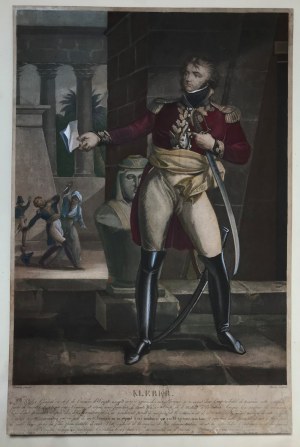 Martinet, Pierre (1781-1815) a Charon, Louis François (1783-1831) - Portrét francouzského generála Klebera - velitele Napoleonových egyptských tažení - Atentát v pozadí Ručně kolorovaný akvatintový lept - Jména malíře a rytce na desce - Cir.