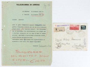 Telegramm des Außenministers Ciano an den Generalsekretär Silvio Scaroni