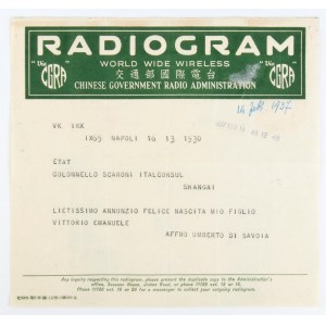 Governo nazionalista della Repubblica Cinese, radiogramma di Umberto di Savoia al Generale Scaroni