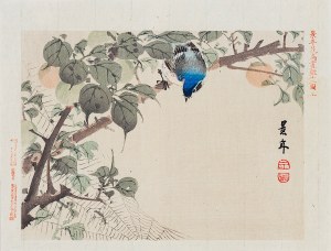 Imao Keinen (1845-1924), Błękitny ptak i pająk, Osaka, 1892