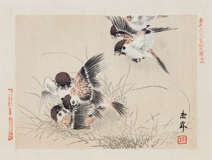 Imao Keinen (1845-1924), Passeri che giocano, Osaka, 1892
