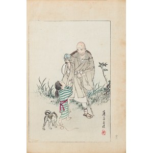 Watanabe Seitei (1851-1918), Saigyo Hoshi gives boy a cat, for Tomioka Eisen, Tokyo, 1891