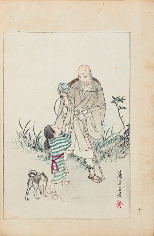 Watanabe Seitei (1851-1918), Saigyo Hoshi dáva chlapcovi mačku, pre Tomioka Eisen, Tokio, 1891