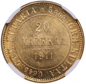 Finlandia (Rosja) 20 Markkaa 1911 L - Mikołaj II (1894-1917) - NGC MS 62