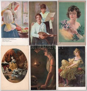 50 db RÉGI szignált művész képeslap hölgyekről, szép állapotban / 50 umelecky podpísaných pohľadníc z obdobia pred rokom 1945 v peknom stave...