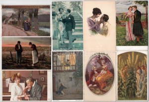 40 db RÉGI szignált művész képeslap szerelmes párokról, szép állapotban / 40 pre...