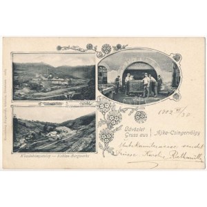 1902 Ajka, Ajka-Csingervölgy; Kőszénbánya telep, bányászok csillével a tárna bejárat előtt Glück auf! felirat...