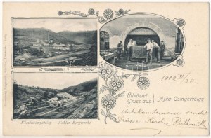 1902 Ajka, Ajka-Csingervölgy; Kőszénbánya telep, bányászok csillével a tárna bejárat előtt 