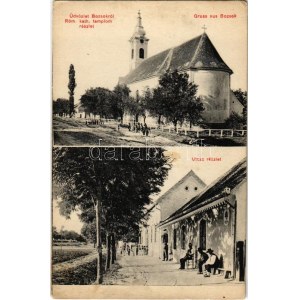 1910 Bozsok, Római katolikus templom, utca, Posta. Krutky Ágoston kiadása (kopott sarkak / zużyte rogi ...