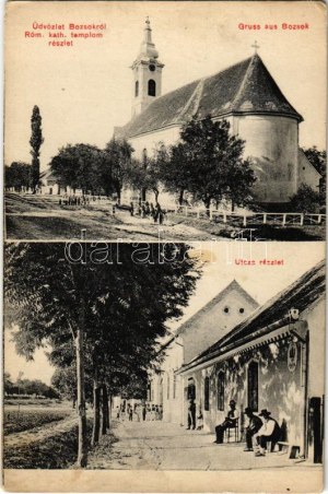 1910 Bozsok, Római katolikus templom, utca, Posta. Krutky Ágoston kiadása (kopott sarkak / worn corners...