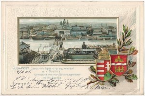 1901 Budapest, Lánchíd, Lipótváros egy része és a Bazilika. Magyar címeres dombornyomott litho keret / Emb...