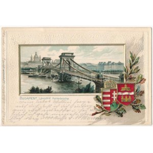 1902 Budapest, Lánchíd. Magyar címeres dombornyomott litho keret / Emb. litho frame with Hungarian coat of arms (lyuk ...