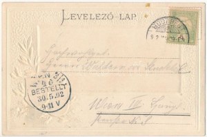 1902 Budapest, Lánchíd. Magyar címeres dombornyomott litho keret / Cornice litografica con stemma ungherese (lyuk ...
