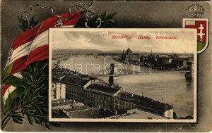 1915 Budapest, látkép Budáról a Dunával. Szecessziós magyar zászlós és címeres keret, Art Nouveau (EK...