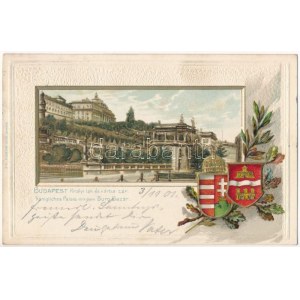 1901 Budapeszt I. Királyi lak és várbazár. Magyar címeres dombornyomott litho keret / Emb...