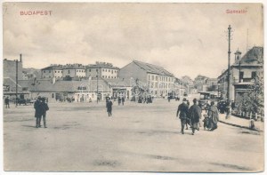 1934 Budapešť II. Széna tér, villamosok, üzletek. Ádám Herman kiadása (EK)