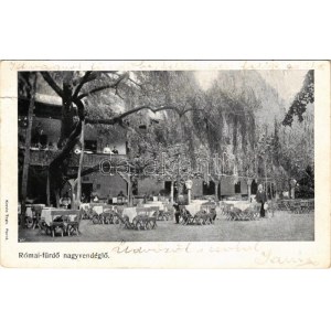 1907 Budapest III. Rómaifürdő, Római fürdő nagy vendéglő, étterem kertje (szakadás / tear)