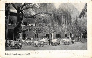 1907 Budapeszt III. Rómaifürdő, Római fürdő nagy vendéglő, étterem kertje (szakadás / tear)
