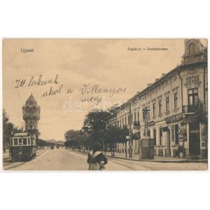 1913 Budapeszt IV. Újpest, Árpád út, víztorony, villamos, Árpád udvar, Spitzer Mór üzlete (EK...