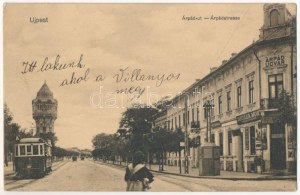 1913 Budapešť IV. Újpest, Árpád út, víztorony, villamos, Árpád udvar, Spitzer Mór üzlete (EK...