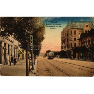 1914 Budapest IV. Újpest, Árpád út a vigadóval, üzletek, villamos (EK)