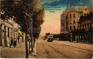 1914 Budapeszt IV. Újpest, Árpád út a vigadóval, üzletek, villamos (EK)