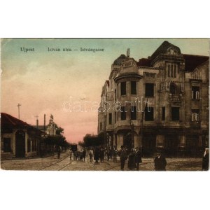 1916 Budapeszt IV. Újpest, István utca, villamos, Surányi Károly cukrászdája. Marton J. Kálmán kiadása ...