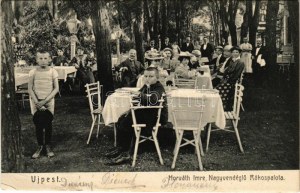 1911 Budapešť IV. Újpest, Horváth Imre nagyvendéglő Rákospalotánál, étterem kertje vendégekkel (EB...