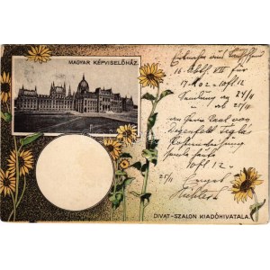 1899 (Vorläufer) Budapest V. Országház, Magyar Képviselőház. Divat-Szalon kiadóhivatala. Secese, květinová litografie (EK...