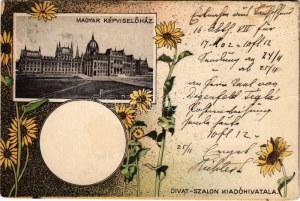 1899 (Vorläufer) Budapest V. Országház, Magyar Képviselőház. Divat-Szalon kiadóhivatala. Jugendstil, Blumenlithographie (EK...