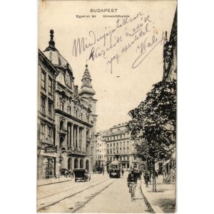 1915 Budapeszt V. Egyetem tér, villamos, kerékpár, Blazek Adolf, Szabó Vilmos üzlete (EK)