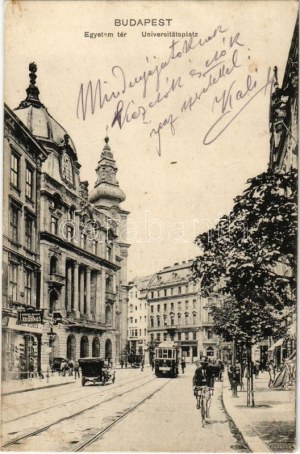 1915 Budapest V. Egyetem tér, villamos, kerékpár, Blazek Adolf, Szabó Vilmos üzlete (EK)