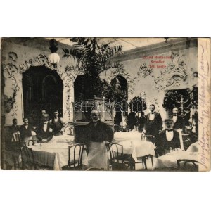 1908 Budapest V. Grand Restaurant Schuller nagy étterem, vendéglő téli kertje, belső pincérekkel. Váci körút 68. ...