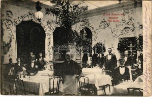 1908 Budapest V. Grand Restaurant Schuller nagy étterem, vendéglő téli kertje, belső pincérekkel. Váci körút 68. ...