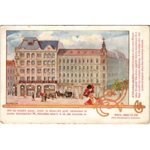 Budapest V. Wirth János és Fia arany-ezüstművesek és ékszerészek üzlete és reklámja. Art Nouveau s: K. Sávely D. ...