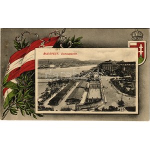 1915 Budapest V. Dunapart, Széchenyi István tér. Szecessziós magyar zászlós és címeres keret...