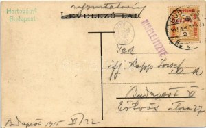 1915 Budapešť V. Dunapart, Széchenyi István tér. Szecessziós magyar zászlós és címeres keret...