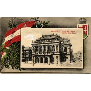 1916 Budapest VI. Magyar királyi Oper. Szecessziós magyar zászlós és címeres keret, Art Nouveau (Rb...