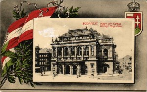1916 Budapeszt VI. Magyar királyi Opera. Szecessziós magyar zászlós és címeres keret, Art Nouveau (Rb...
