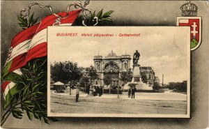 1916 Budapest VII. Keleti pályaudvar, vasútállomás. Szecessziós magyar zászlós és címeres keret, Art Nouveau (Rb...