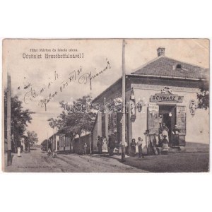 1903 Budapeszt XX. Pestszenterzsébet, Pesterzsébet, Erzsébetfalva; Hitel Márton és Iskola utca, Schwarz R. üzlete...