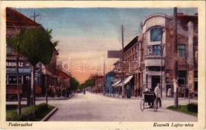 1932 Budapeszt XX. Pestszenterzsébet, Pesterzsébet, Erzsébetfalva; Kossuth Lajos utca, villamos, étterem, hentes...