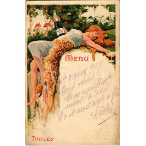 Budapest XXII. Budafok, Törley kastély és pezsgőgyár. Szecessziós reklám étlap / Menu. Art Nouveau, floral, litho (r...