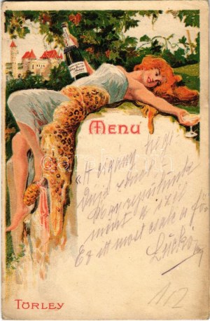 Budapeszt XXII. Budafok, Törley kastély és pezsgőgyár. Szecessziós reklám étlap / Menu. Art Nouveau, floral, litho (r...