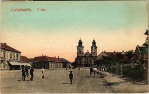 1908 Celldömölk, Fő tér, templom, Donáth Vilmos divatáruház üzlete. Szagán János kiadása (fl...