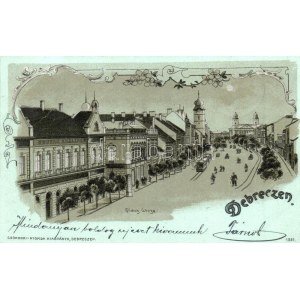 1902 Debreczyn, Piac utca, Rohner szálloda, városi vasút, kisvasút, vonat este. Csokonai Nyomda kiadványa...