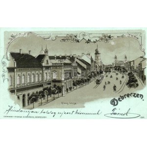 1902 Debrecen, Piac utca, Rohner szálloda, városi vasút, kisvasút, vonat este. Csokonai Nyomda kiadványa...