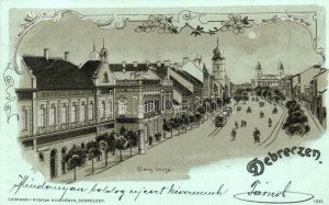 1902 Debrecen, Piac utca, Rohner szálloda, városi vasút, kisvasút, vonat este. Csokonai Nyomda kiadványa...