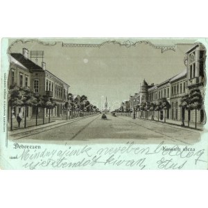 1902 Debrecín, Kossuth utca este. Csokonai Nyomda kiadványa, secesní litografie (EK)