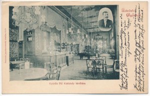 1903 Győr, Gyárfás Pál Kisfaludy kávéháza és saját portréja, belső, biliárdasztalok. Kiadja a Pannonia papírkereskedés ...